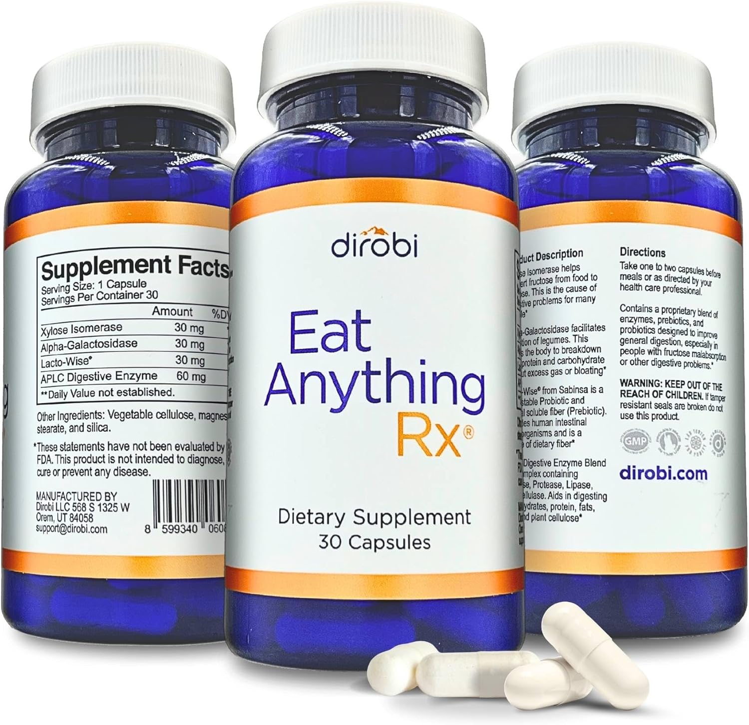 Dirobi Eat Anything Rx supplement featured as a premium digestive support capsule: a clean, modern product-style image concept with a single bottle beside a glass of water and a simple meal setting, emphasizing enzyme support, prebiotics, probiotics, and xylose isomerase for fructose and FODMAP digestion; bright, uncluttered, wellness editorial mood.