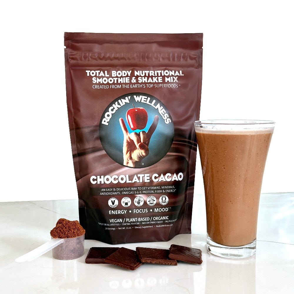 Warm vegan chocolate cacao nutritional drink in a mug