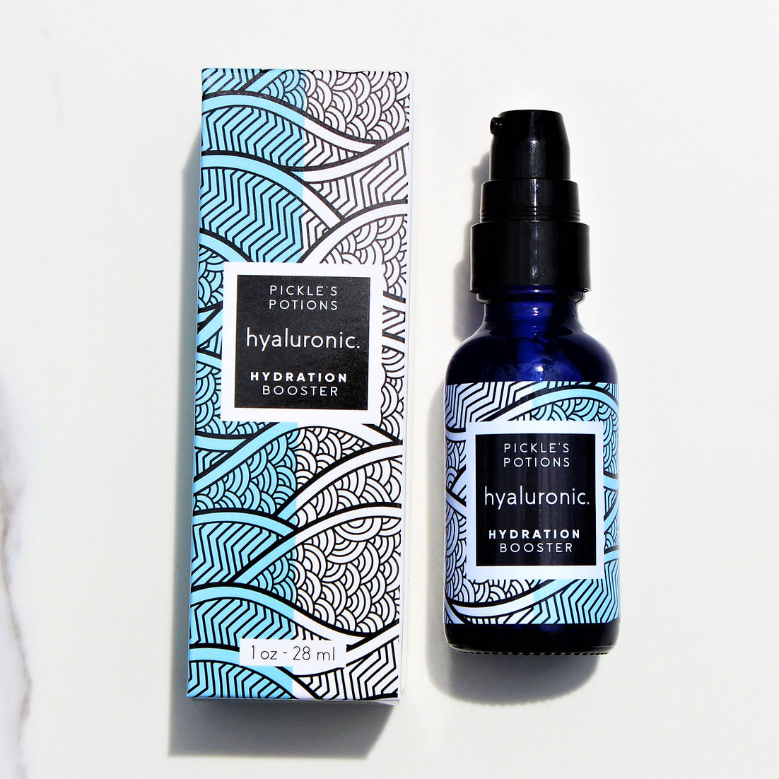 Pickle’s Potions Hyaluronic Acid Serum product photo: minimalist luxury skincare bottle on a clean neutral surface with soft diffused lighting, dewy spa aesthetic, premium editorial feel