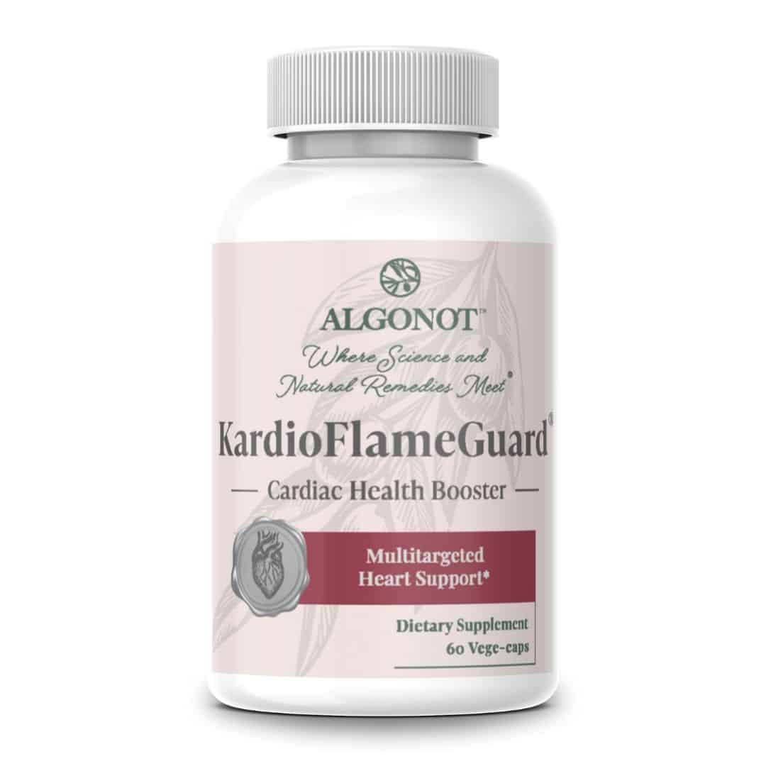 KardioFlameGuard® by Algonot®, a cardiovascular support formula featuring folinic acid, garlic allicin, green tea polyphenols, hydroxytyrosol, myricetin, isoquercetin, and berberine for inflammation and vascular health