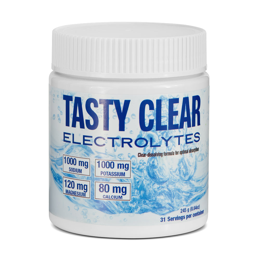 Electrolytes – Tasty Clear product image: a clean, minimalist jar or pouch of electrolyte powder styled like a premium wellness supplement on a bright neutral surface with a glass of water and subtle citrus garnish; modern, clinical-lux aesthetic.