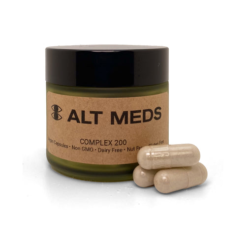 Complex 200 Capsules by ALT MEDS supplement product editorial image, capsule bottle packaging, luxury wellness aesthetic